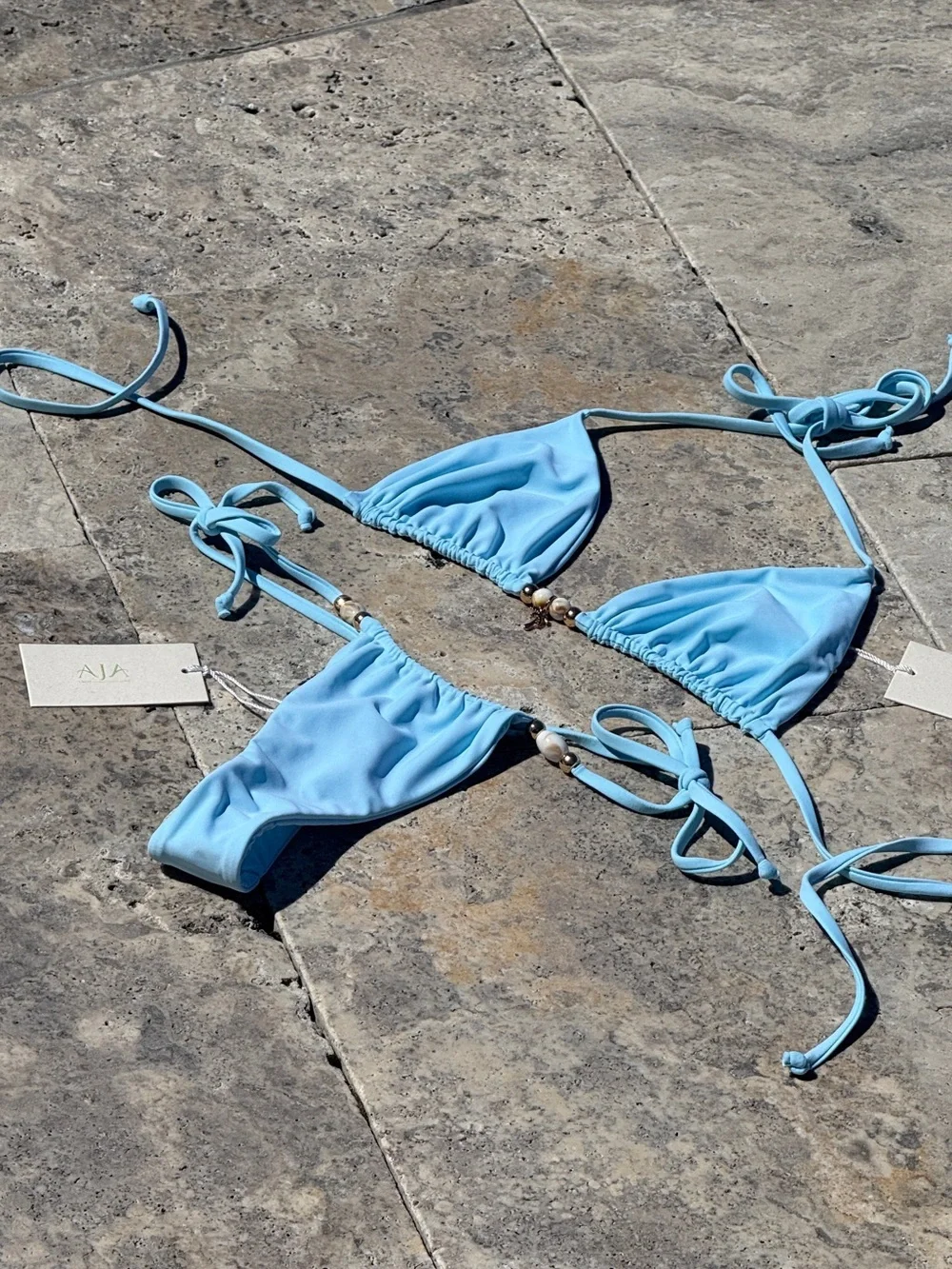 NWT $300 AJA SWIMLINE Selene baby blue pastel thong cheeky adjustable Tie Bikini